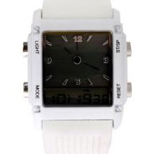 Digital + Analog Dual-Time Mens Wrist Watch with Weekday Display - Wh
