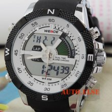 Digital Analog White-black Silicon Steel Band Mens Sports Watch Quartz Battery