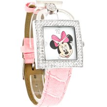 Disney Minnie Mouse Ladies Crystal Bezel Pink Leather Strap Quartz Watch MIN107