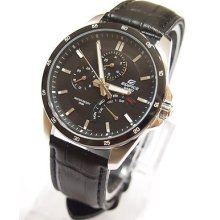 Ef-341l-1 Casio Edifice Multiple-dial Analog Leather Band Black Watch Original