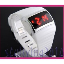 Elegant White Rubber Strap Square Digital Red Led Unisex Mens Women Sports Watch