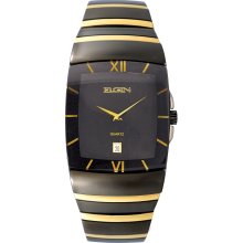 Elgin Mens Calendar Date Watch with Square Black Dial and Black Gold Accent Link Band