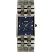 Elgin Mens Dress Watch w/ST Square Case, Diamond Accent Blue Dial and ST Band