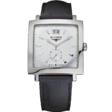 Elysee Mens Classic Dual Time Stainless Watch - Black Leather Strap - White Dial - E69007