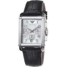 Emporio Armani Men's Classic AR0333 Black Leather Quartz Watch with Silver Dial