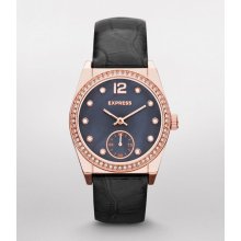 Express Womens Analog Leather Strap Watch Rose Gold
