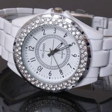 Fashion Crystal Case Men Women Analog White Steel Band Quartz Wrist Watch