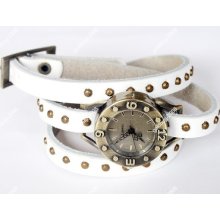 Fashion Leather Retro Bracelet Wrap Around Lady Woman Wrist Watch White