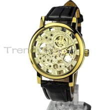 Fashion Men Black Leather Band Wrist Watch With Shiny Gold Skeleton Dial Case