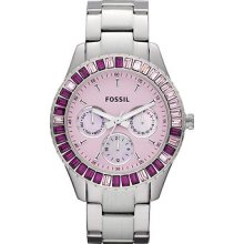 Fossil Ladies Stella Stainless Steel Pink Baguette Chronograph Dial Watch Es2959