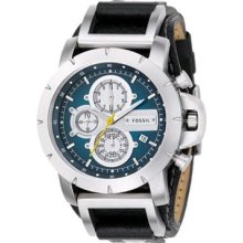 Fossil Mens Jake Stainless Chronograph Watch - Black Leather Strap - Blue Dial - JR1156