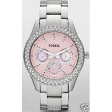 Fossil Woemens Stella Pink Dial Stainless Steel Watch Es2946