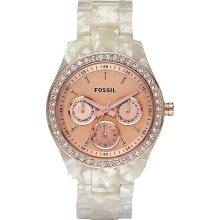 Fossil Womens Stella Chronograph Pearlized Resin Watch - White Bracelet - Gold Dial - ES2887