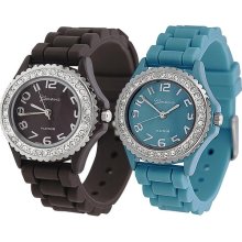 Geneva Platinum Women's Rhinestone-accented Silicone Watch (Set of 2) (Brown and Turquoise)