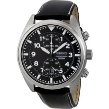 Gents Stainless Steel Seiko Chronograph Quartz/Battery Watch On Black Leather Strap, With Date.