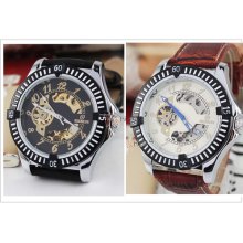 Goer Black/white Skeleton Dial Mens Self Wind Mechanical Wrist Watch