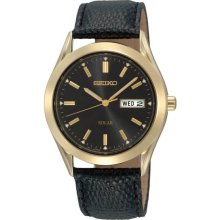 Gold Tone Stainless Steel Solar Quartz Black Dial Leather Strap