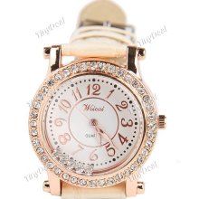 Golden Quartz Faux Leather Wrist Watch Analog Round Case w/ Rhinestones