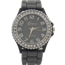 Grey Silicone Band And Silver Bezel With Crystals Geneva Women's Watch