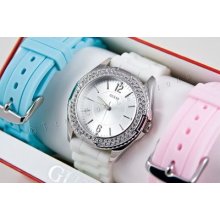 Guess Ss Sport Lady Watch White Pink Blue Rubber Strap I10173l1 Gift Box Set