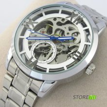 Hot Masculine Mens Transparent Skeleton Automatic Mechanical S/steel Wrist Watch