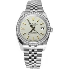 Jubilee stainless steel rolex date just diamond bezel white stick dial watch