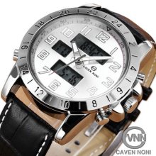 K3 Mens Dress White Dual Time Zone Lcd Date Leather Quartz Alarm Stopwatch Watch