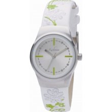 KLS-0095L Kahuna Ladies White Leather Strap Green Flower Detail Round ...