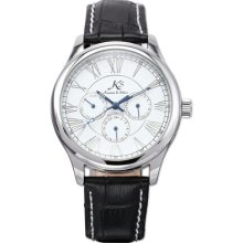 Ks Automatic Mechanical White Dial Date Day Black Leather Men Sport Watch Gbh