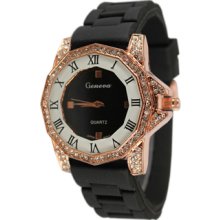 Ladies Black & Rose Gold Silicon Watch w/ Octagonal Face & Roman Numerals