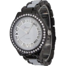 Ladies Black & White See Through Metal Watch w/ Crystals & Roman Numerals - Black - Gun Metal - 3