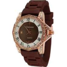 Ladies Brown & Rose Gold Silicon Watch w/ Octagonal Face & Roman Numerals