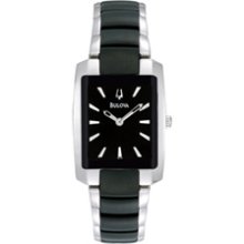 Ladies' Bulova Two-Tone Stainless Steel Watch with Tonneau Black Dial