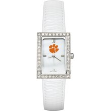 Ladies Clemson University Watch with White Leather Strap and CZ Accents