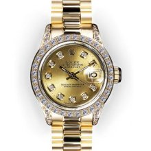 Ladies Diamond Lugs Champagne Dial Beadset Bezel Rolex President (417)