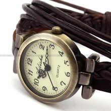 Ladies Fashion Weave Wrap Around Leather Retro Bracelet Woman Watch Hand-knit