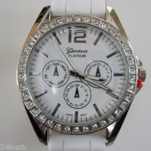 Ladies Geneva Watch - White Chronograph Dial And Silicone Band + Fossil Tin
