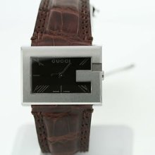 Ladies Gucci 100l Series Ya100801 Black G-dial Brown Alligator Strap Watch