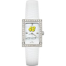 Ladies Nascar #48 Jimmie Johnson Watch with White Leather Strap and CZ Accents