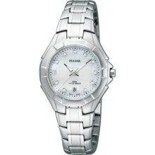 Ladies Pulsar Stainless Steel Mother of Pearl Dial Crystal Watch