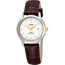 Ladies Pulsar Two Tone Stainless Steel White Dial Watch with Brown Leather Band