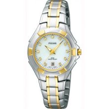 Ladies Pulsar Two Tone Stainless Steel Mother of Pearl Dial Crystal Watch