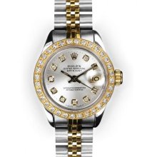 Ladies Two Tone Silver Dial Yellow Gold Beadset Bezel Rolex Datejust
