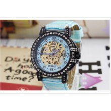 Lady Brown/blue Strap Crystals Golden Skeleton Dial Auto Mechanical Wrist Watch