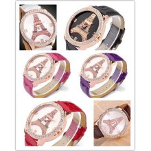 Lady Eiffel Tower Dial Rosy Golden Case Faux Leather Crystal Quartz Analog Watch