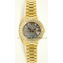 Ladys 18K Yellow Gold President Model 69178 Custom Added Tehetian Mother Of Pearl Diamond Dial & 2CT Diamond Bezel