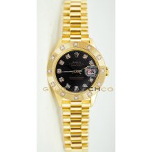 Ladys 18K Yellow Gold President Model 69178 Custom Added Black Diamond Dial & Factory 12 Diamond Bezel