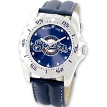 Major League Baseball Watches - Men's Leather Strap Milwaukee Brewers Stainless Watch