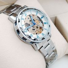 Men Automatic Golden Skeleton Watch Solid Stainless Steel Band Blue Rome Number