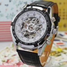 Mens Automatic Steel Dial Skeleton White Face Mechanical Watch Business